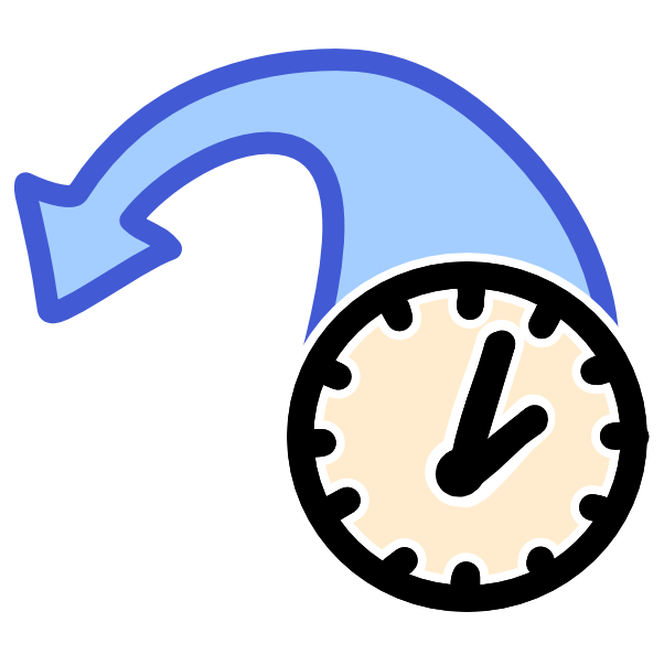 a clock with a blue arrow coming away from it curving to the left, it narrows as it travels to give the effect of it pointing to something a long distance away 